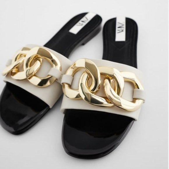 White Leather Gold Chain Sandal